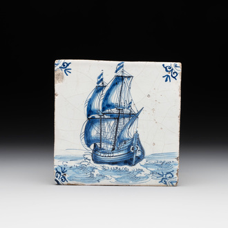 A blue and white Dutch Delft 'large ship' tile, Harlingen, 17th C.