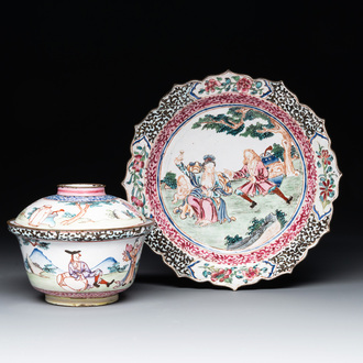 A Chinese Canton enamel 'foreigners' bowl and cover and a 'erotical subject' plate, Yongzheng/Qianlong