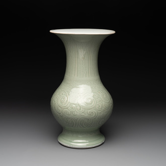 A Chinese incised celadon-glazed 'chilong' vase, Kangxi