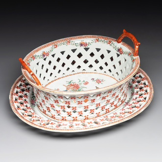 A Chinese openworked famille rose 'antiquities' basket and stand, Qianlong