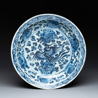 A Chinese blue and white 'phoenix and peonies' dish, Hongzhi/Zhengde