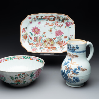 A Chinese famille rose 'pseudo-tobacco leaf' dish, a bowl and a blue and white gilt-decorated jug, Qianlong