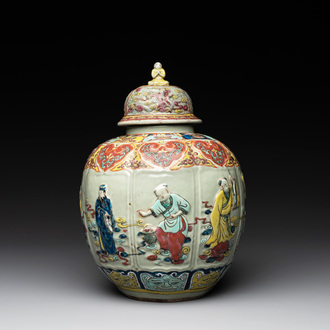 A rare Chinese famille rose relief-moulded 'Eight Immortals' vase and cover for the Thai market, Yongzheng mark, 19th C.