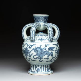 A Chinese blue and white Ming-style 'Buddhist lion' vessel, 20th C.