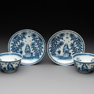 A pair of Chinese blue and white 'Catholic subject' cups and saucers with Madonna and child, Kangxi