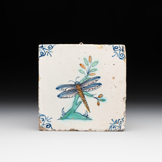 A polychrome Dutch Delft 'dragonfly' tile, 17th C.