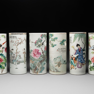 A collection of six Chinese famille rose hat stands, 19/20th C.