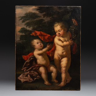 Flemish School: Two putti with a bunch of grapes, oil on canvas, late 17th C.