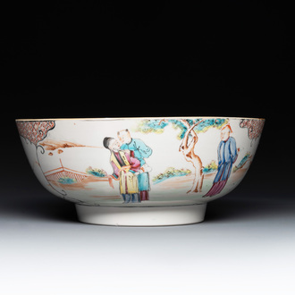 A Chinese Canton famille rose bowl with figures in a garden, Qianlong