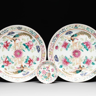 A pair of Chinese famille rose plates and a saucer for the Straits or Peranakan market, 19th C.