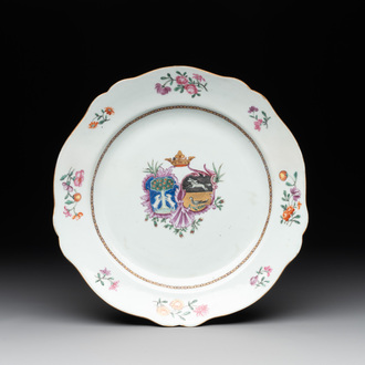 A Chinese famille rose armorial plate with the arms of Nauta Beuckens and Swalue accollé for the Dutch market, Qianlong, ca. 1763