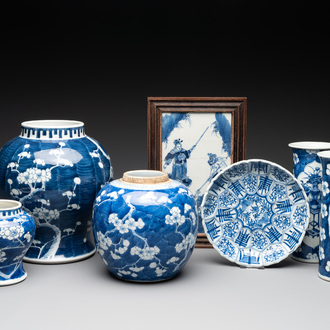 A pair of Chinese blue and white 'gu' vases, three jars, a plate and a plaque, Kangxi mark, 19th C.