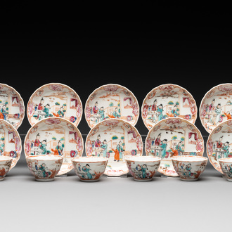 Six Chinese Canton famille rose 'mandarin subject' cups and ten saucers, Qianlong