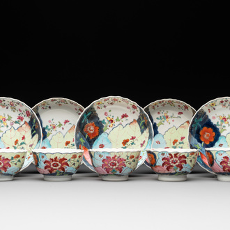 Five Chinese famille rose 'tobacco leaf' cups and saucers, Qianlong