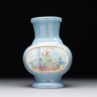 A Chinese famille rose lavender-ground vase with narrative design, Yongzheng mark, Republic