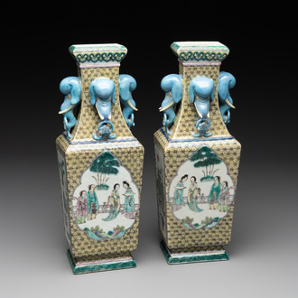 A pair of rectangular Chinese famille verte 'elephant' vases, 19th C.