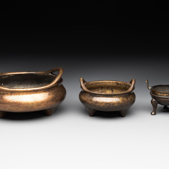 Three Chinese bronze censers, Xuande mark, Ming/Qing