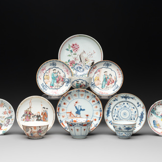 A collection of 12 pieces Chinese famille rose, vert and Imari-style cups and saucers, Yongzheng/Qianlong