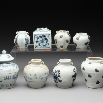 Five Chinese blue and white jarlets and three russet-splashed Longquan celadon jarlets, Yuan/Ming