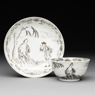 A Chinese grisaille and gilt-decorated 'European subject' cup and saucer, Qianlong