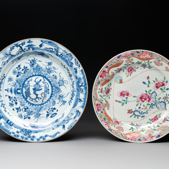 A Chinese famille rose plate and a blue and white dish, Yongzheng/Qianlong