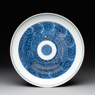 A Chinese blue and white 'peacock' dish, Jingdezhen 景德鎮 mark, dated 1955