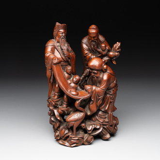 A Chinese carved wooden 'Fu Lu Shou' group, 19/20th C.