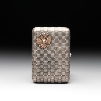 A rare Russian Fabergé bejewelled gold and silver cigarette presentation case, marked Mikhail Perkhin (1860-1903)