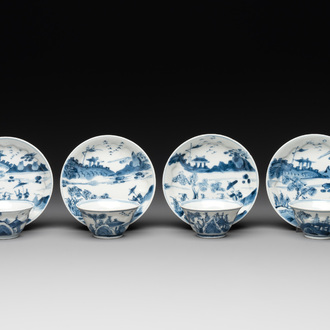 Four Chinese blue and white 'landscape' cups and saucers, Kangxi