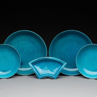 A collection of five Chinese turquoise-glazed wares, 18th C.