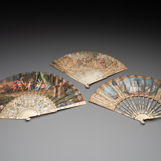 Three folding fans, water colour on paper and bone, France, 18th C.