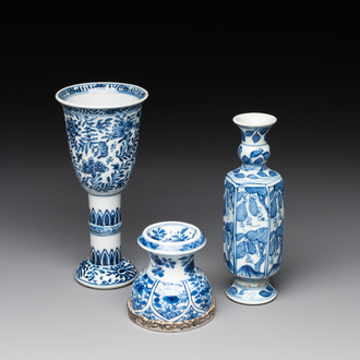 A Chinese blue and white goblet, a salt and a vase, Kangxi