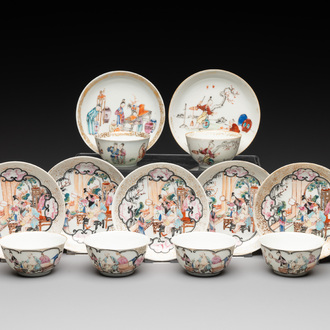 Six Chinese Canton famille rose 'mandarin subject' cups and seven saucers, Yongzheng/Qianlong