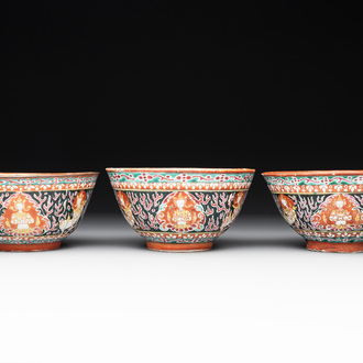 Three Chinese black-ground Bencharong bowls for the Thai market, 19th C.