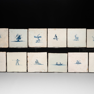 Twelve blue and white Dutch Delft tiles without corner motifs, 17th C.