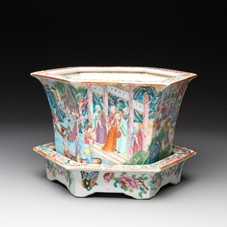 A Chinese Canton famille rose hexagonal jardinière and stand with narrative design, 19th C.