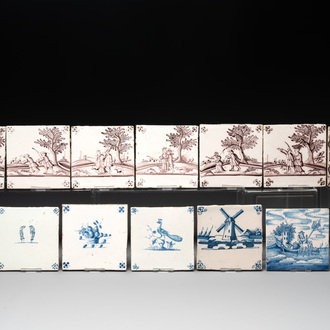 Fourteen blue, white and manganese Dutch Delft tiles, 18th C.