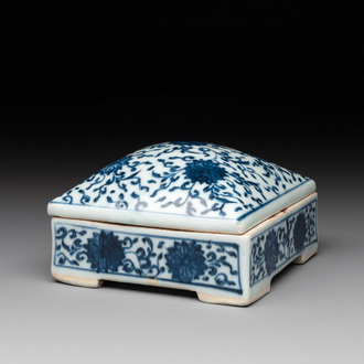 A Chinese blue and white square 'lotus scroll' box and cover, Qianlong