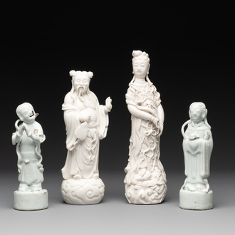 A pair of Chinese white-glazed figures and two Dehua blanc de Chine figures, 18th C. and Republic