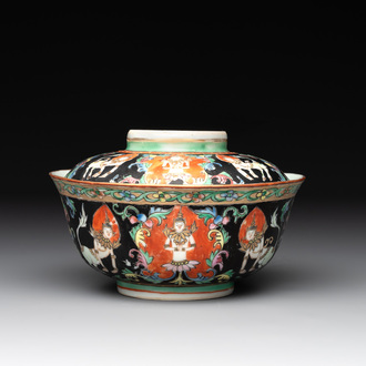 A rare Chinese black-ground Bencharong 'Thepphanom' bowl and cover for the Thai market, He Yaoji 何耀記 mark, 19th C.