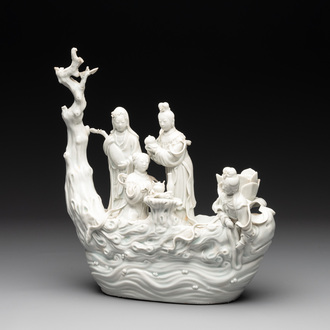 A Chinese Dehua blanc de Chine group of female immortals on a boat, Republic