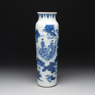 A fine Chinese blue and white sleeve vase with narrative design, Transitional period