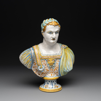 A polychrome Italian maiolica bust of Caesar, Deruta, 17th C.