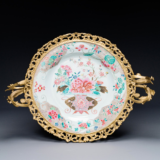 A Chinese famille rose gilt-bronze-mounted 'flower basket' dish, Yongzheng
