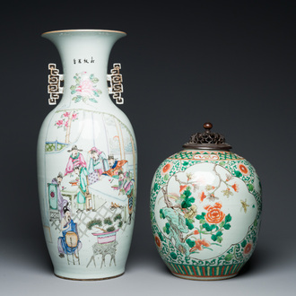 A Chinese famille rose vase and a famille verte jar with wooden cover, signed Mao Zirong 毛子榮, 19th C.