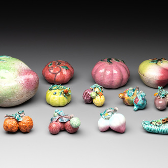 A collection of 12 Chinese famille rose fruit models, including a peach-shaped box and cover, 19th C.