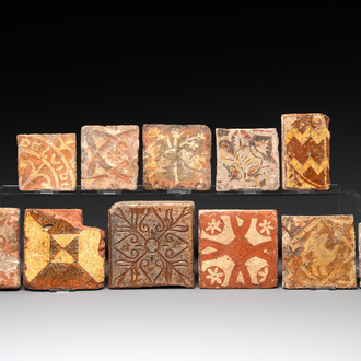 Eleven slip-decorated medieval and post-medieval tiles, France and Flanders, 15/18th C.