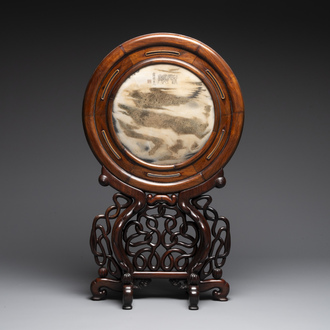 A Chinese 'dream stone' and hardwood table screen, Xia Yuan Zhu Ren 霞園主人 mark, 19/20th C.