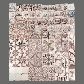 A collection of 110 mainly manganese Dutch Delft tiles, mostly 18th C.