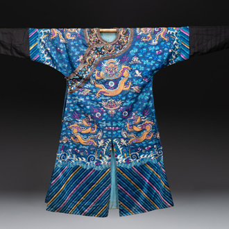 A Chinese gold thread embroidered blue-ground silk 'dragon' robe, 19th C.